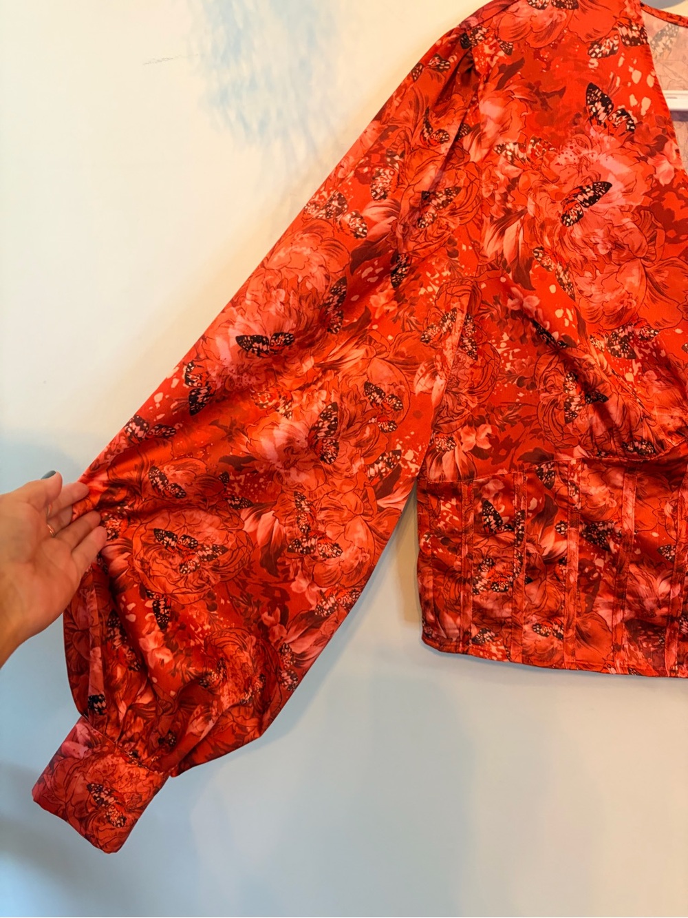 Floral Corset Blouse Butterfly Print Puff Sleeve Crop Top Size - Picture 5 of 10